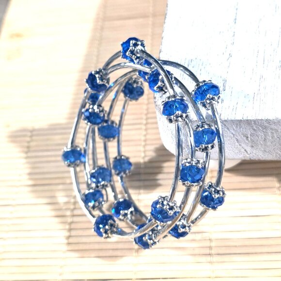 Handcrafted Crystal Wrap Bracelet With Blue Faceted Beads - Picture 4 of 7